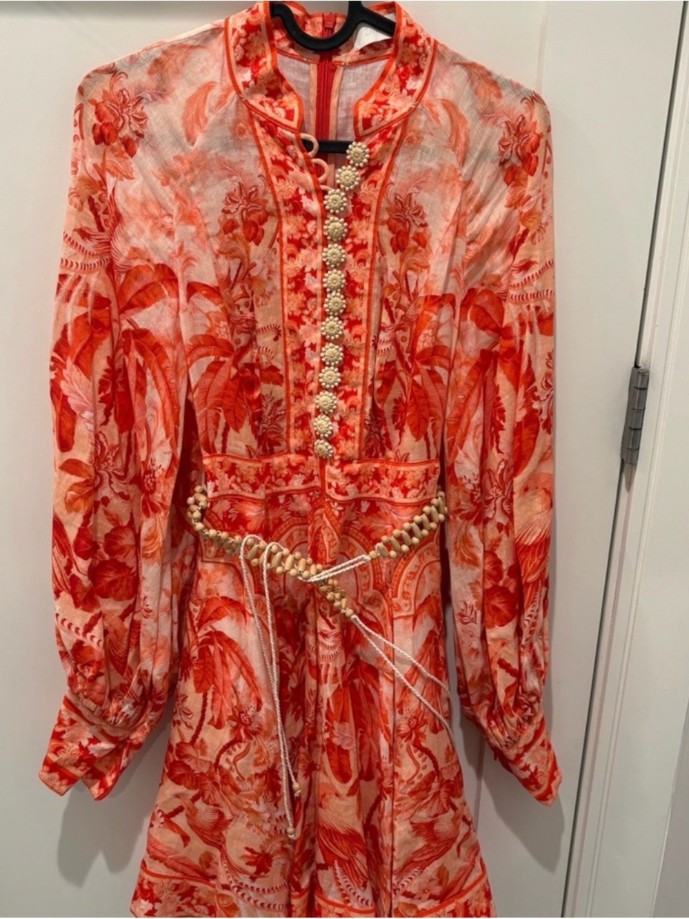 Coral Orange Zimmermann Beaded Button Long Sleeve Dress